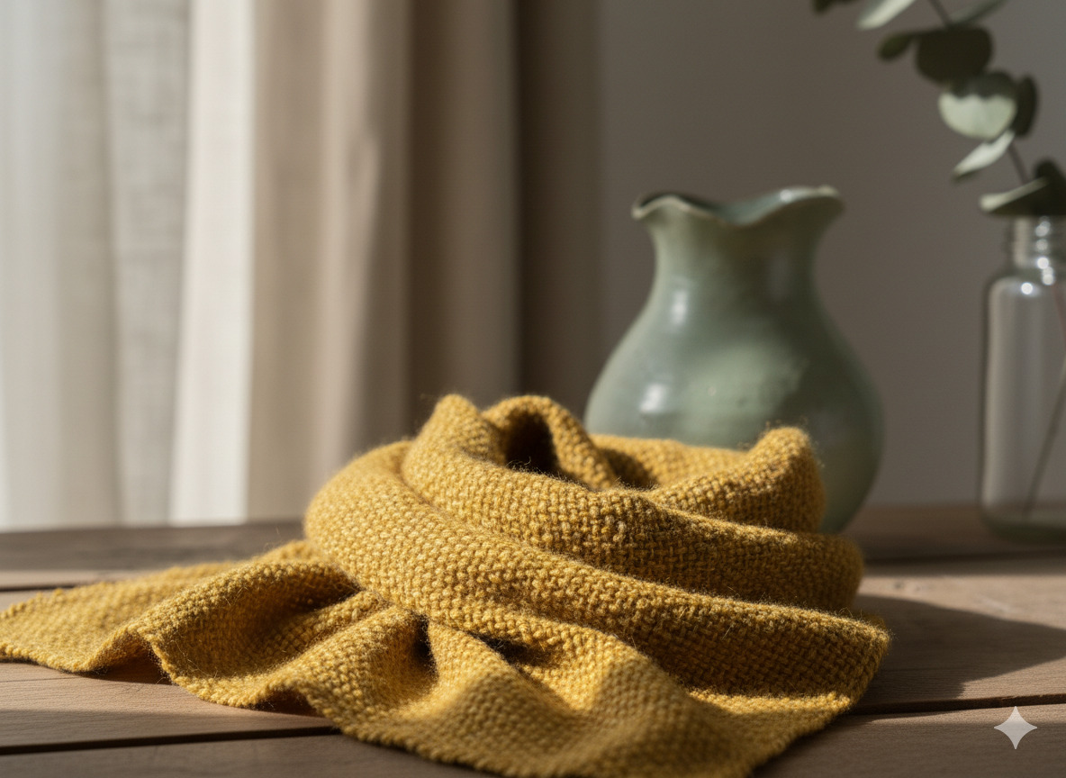 Handwoven wool scarf in muted mustard
